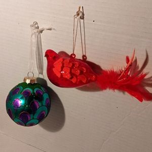 Red Bird and Peacock Glitter Painted Ornaments Christmas